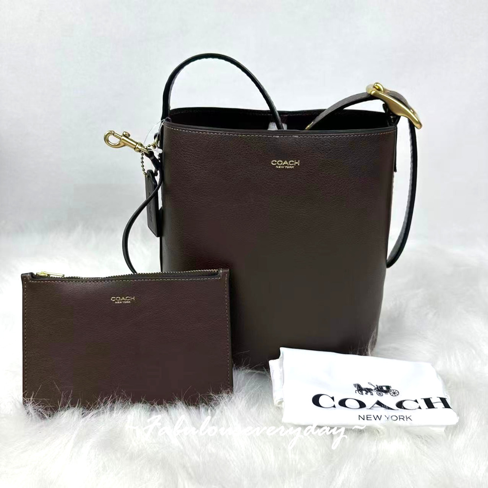 Coach Bleecker Bucket Bag 21 Crossbody Smooth Leather/Brass/Maple CCX07 + Pouch